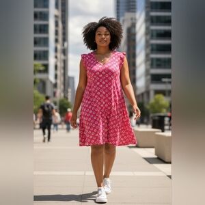 LOFT Hot Pink Floral V-Neck Midi Comfy Swing Dress EUC Plus Size 14